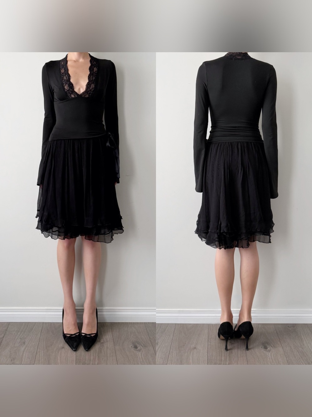 Vintage goth black 100% silk chiffon midi skirt